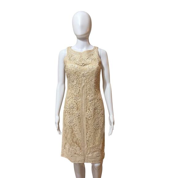 Sue Wong Nocturne Beige Lace Cocktail Dress Size 4 Embroidered Sheath Evening - Picture 3 of 12